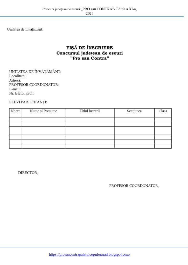 Invitație Concursul judeţean de eseuri „Pro sau Contra ” 2 2025 fisa de inscriere Pro sau Contra JUDETEAN .docx 1 page 0001
