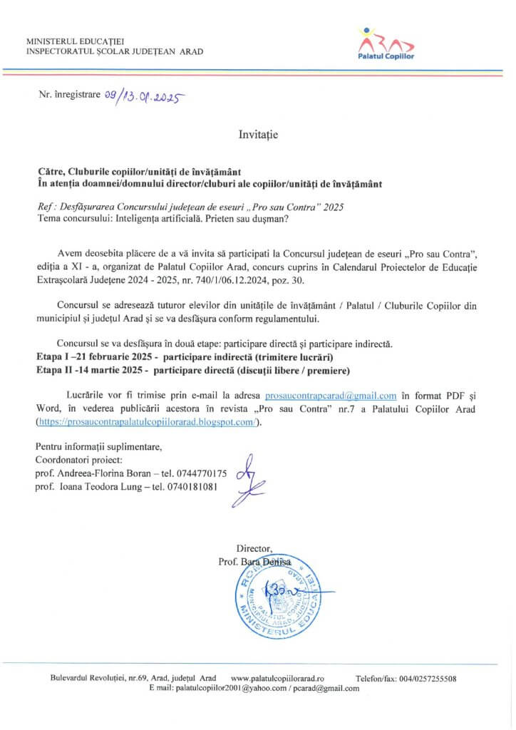 Invitație Concursul judeţean de eseuri „Pro sau Contra ” 1 invitatie pro sau contra j 2025 page 0001