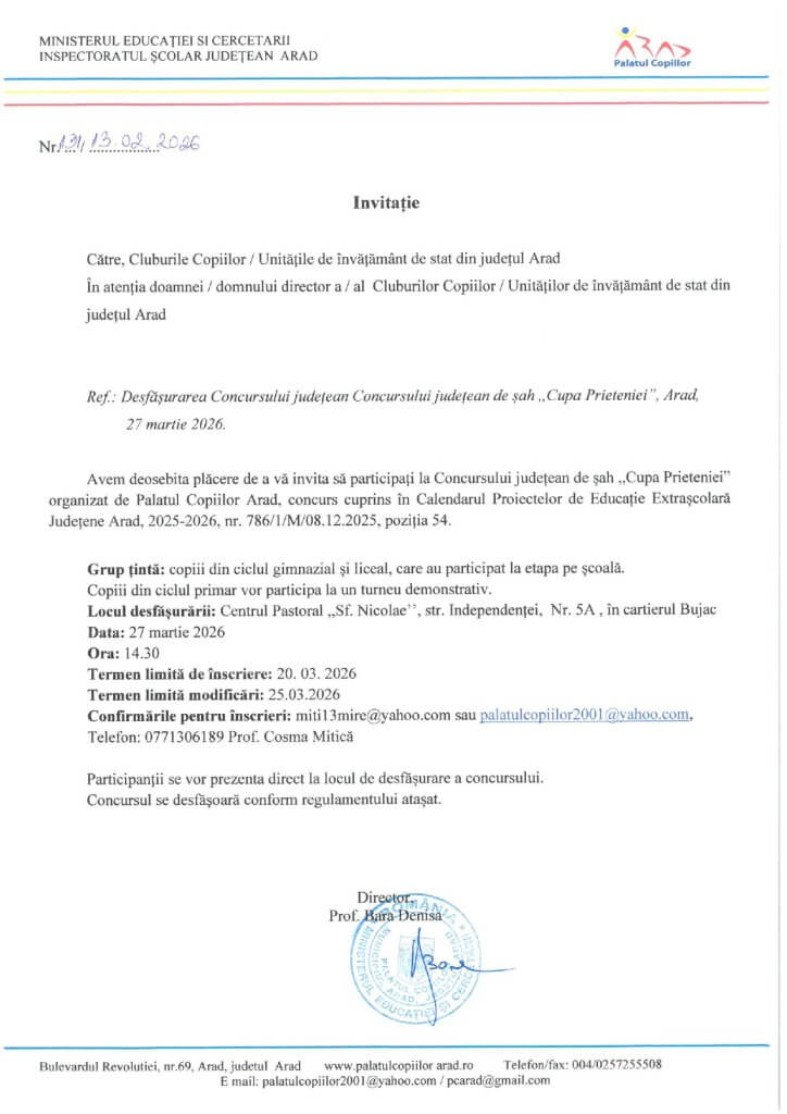 Invitație Concursul județean de șah ,,Cupa Prieteniei”, ediția a XIV-a 1 Invitatie concurs judetan sah 2026 page 0001
