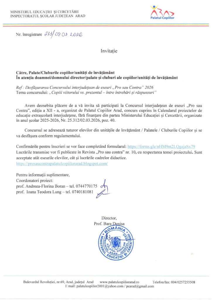 Invitație Concursul interjudețean de eseuri „Pro sau Contra ” 2026 – „Copiii viitorului vs. prezentul - între întrebări și răspunsuri” 1 Invitatie Pro sau Contra Interjudetean page 0001