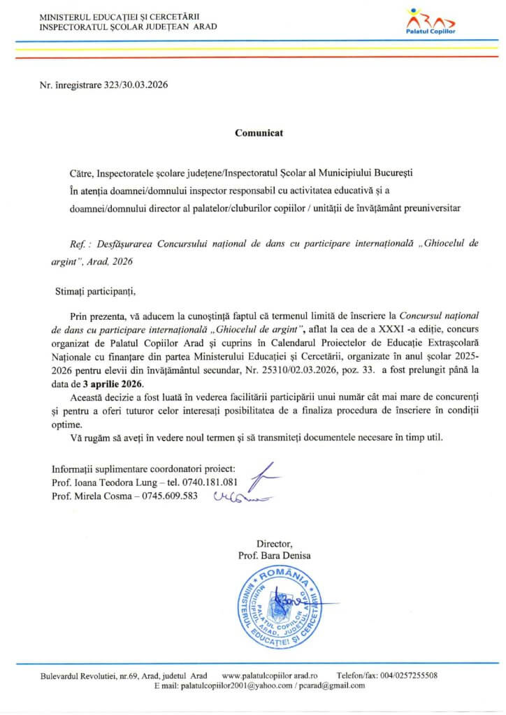 Prelungire termen înscriere concursul „Ghiocelul de Argint” 2026 1 comunicat page 0001
